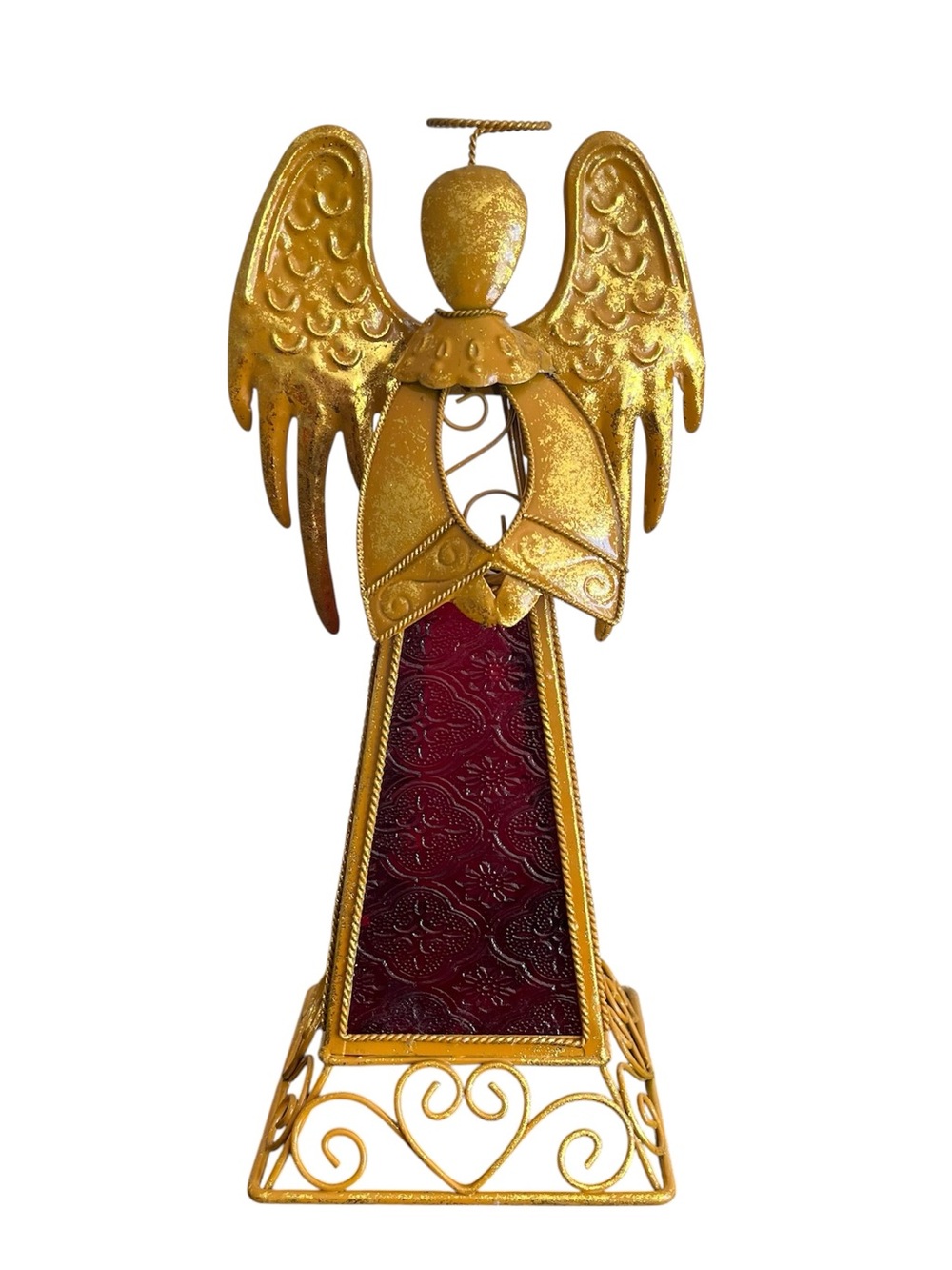 Home Interiors Angel Tea Light Candle Holder Gold Tone Metal Red Glass Vintage